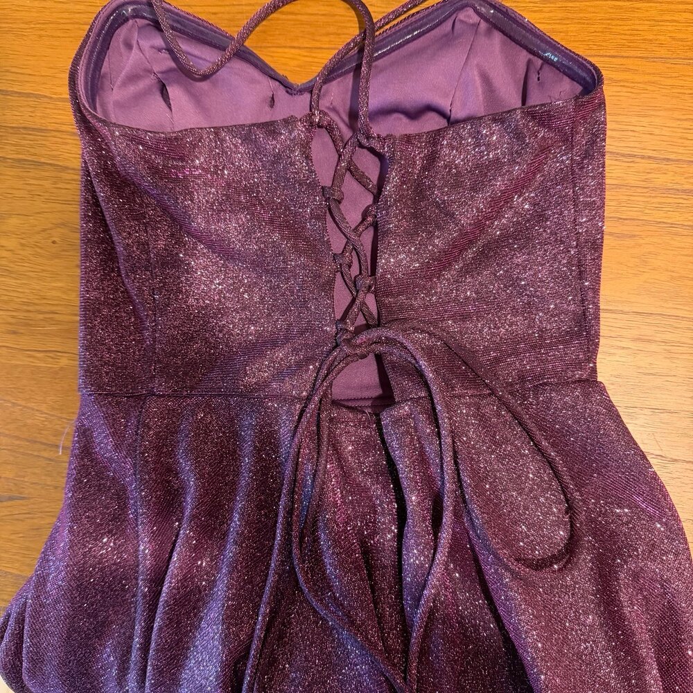 Purple Glitter Lace Up Skater Mini Dress SZ 7 HOCO Homecoming Semi Formal Glam - Picture 2 of 8
